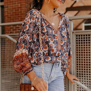 Chelsea & Theodore Floral Peasant Blouse Size M Navy Oversized Tie-Neck Top